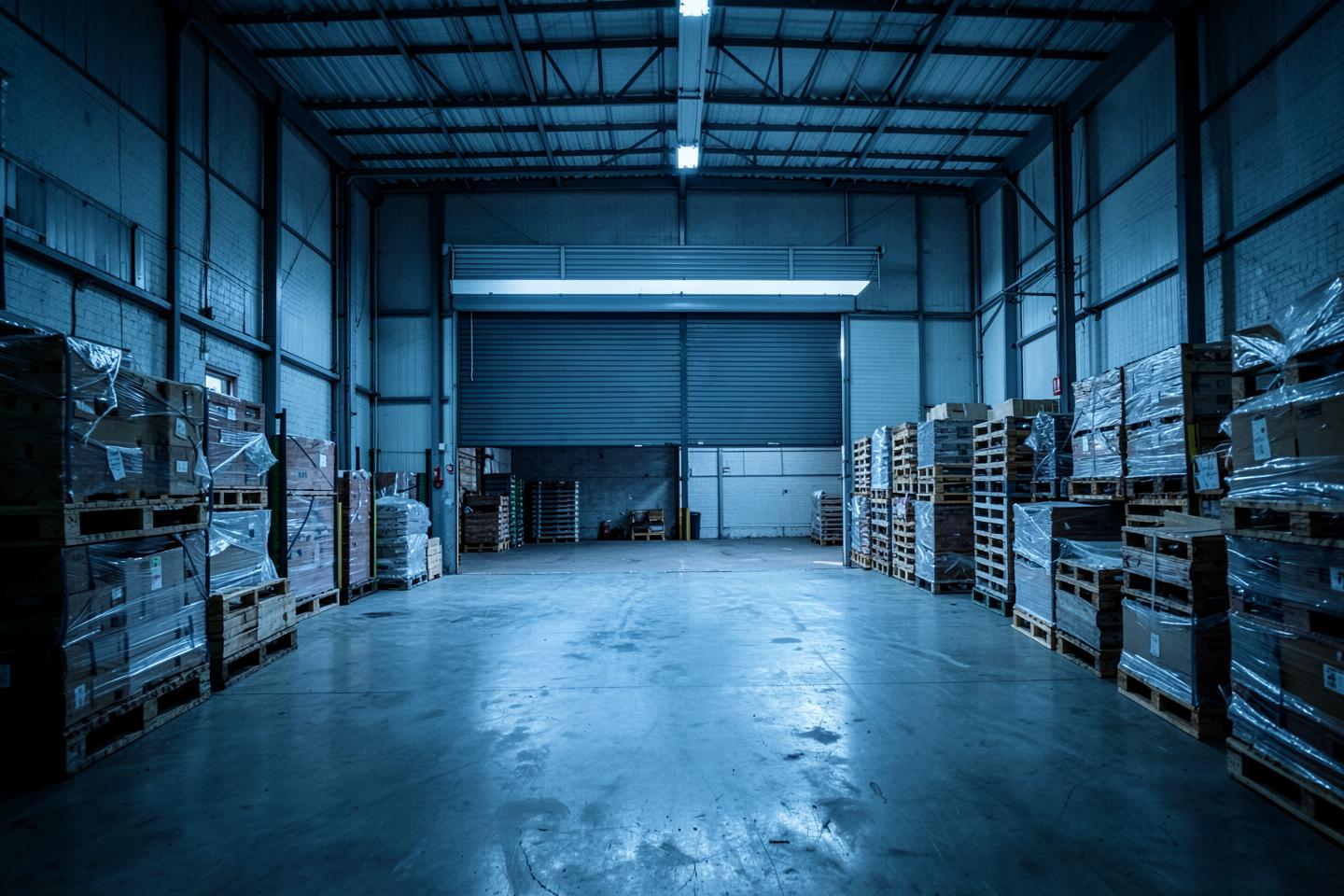 Warehouse loading bay with an open shutter door and stacked pallets