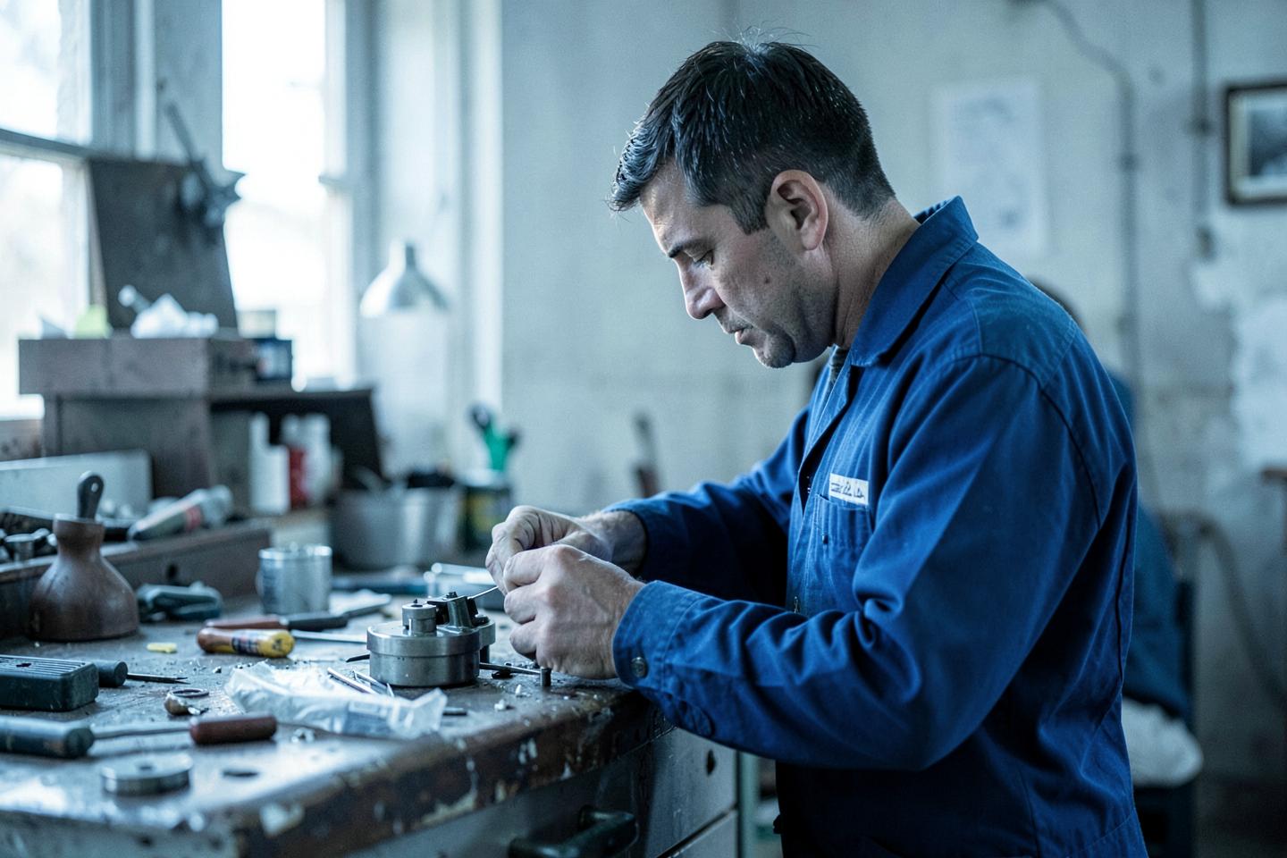 A worker in blue workwear assembling a component at a bench